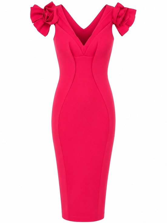 Chiara Boni Dresses & Skirts - Chiara Boni Hot Pink V‑Neck Midi Dress with Rosette Cap Sleeves